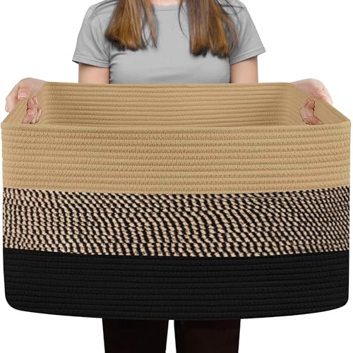 Extra Large Blanket Basket, 23.6"x15.7"x14.1" Woven Blanket Storage for Living Room, Oversized Wicker Floor Basket, Big Cotton Rope Kids Dog Toy Bin Box, Decorative Rectangle Pillow Holder - color: Black and Jute