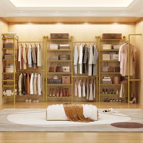 Wall Mounted Garment Rack, Walk-in Closet System with Expandable Rods, Adjustable Shelves, Industrial Pipe Clothing Racks, Hanging Clothes Organizers and Storage, Metal Closet Shelving Wardrobe - color: Gold