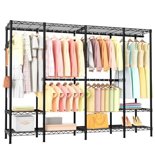 Golpart Heavy Duty Garment Rack Clothes Rack,Large Metal Closet Organizer System Storage Wardrobe,Freestanding Clothing Rack with Adjustable Wire Shelves& Hang Rods,MaxLoad 1000lbs - color: Black, size: 15.75"D x 68.9"W x 77"H