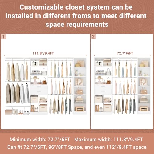 Besiost Closet System - 9.4FT/112" Closet Organizer System with Wooden Drawers,Closet Systems for Walk-In Closets with Hang Rods and Open Cabinet - color: White, size: 9.4FT