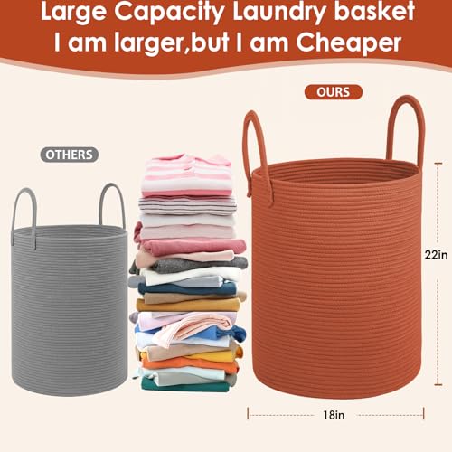 Cotton Rope Laundry Basket, Large Capacity Storage Bin with Handles, Blanket Basket for Living Room, Ribbed Texture, Brick Red, XX Large 100L - color: Brick Red, size: 100L