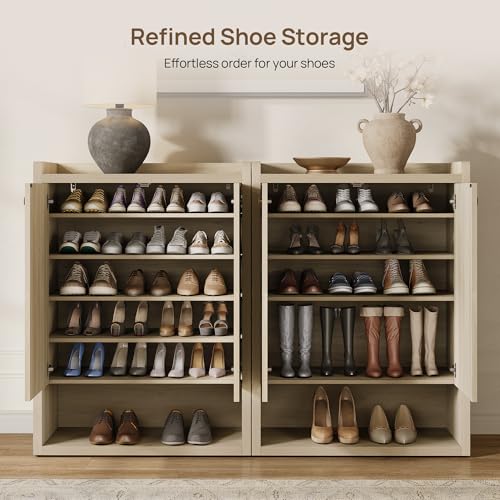 SICOTAS Shoe Cabinet Storage for Entryway - 48-Pair Shoe Cabinets with Doors and Adjustable Shelves, Farmhouse Large 7-Tier Shoes Storage Cabinet for Mudroom Closet Hallway, Grey White Oak, 2PCS - color: Grey White Oak, size: 2 Pieces