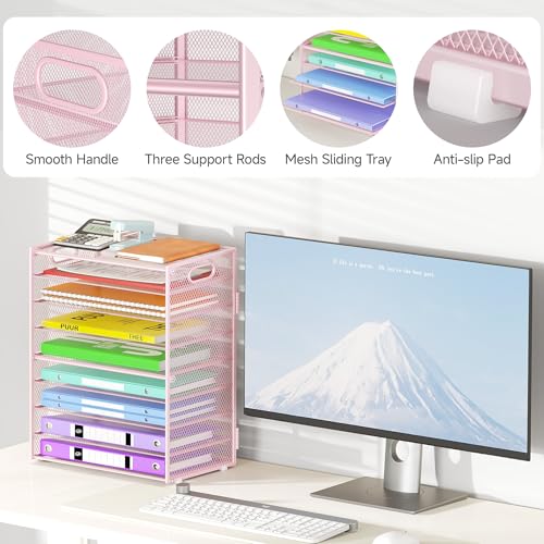 Cawukege 9 Tier Paper Organizer with Handle, Pink Large Capacity Desk Organizer Mesh File Folder Letter Paper Tray Desktop Document Sorter for Classroom, School, and Office Accessories Organization - color: 1 Pack - Pink