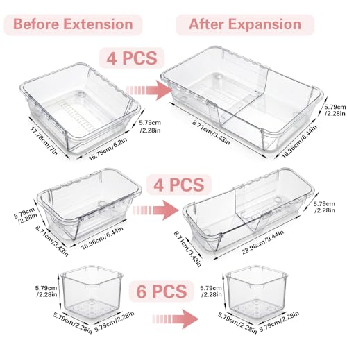 14 Pcs Clear Drawer Organizer - 3 Sizes, Adjustable Drawer Storage Box, Desk Drawer Organizer, Acrylic Storage Bins for Makeup, Cosmetic, Kitchen Utensils, Bedroom Dressers Tool Organizer for Gadgets