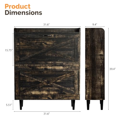 VINGLI Shoe Storage Cabinet for Entryway with 2 Flip Drawers, Ultra Slim Freestanding Entryway Shoe Organizer with Wood Tapered Legs,Hidden Closed Shoe Rack,31.6"W * 9.4"D * 39.4"H, Dark Rustic Oak - color: Dark Rustic Oak, size: 31.5"W 2 Drawers