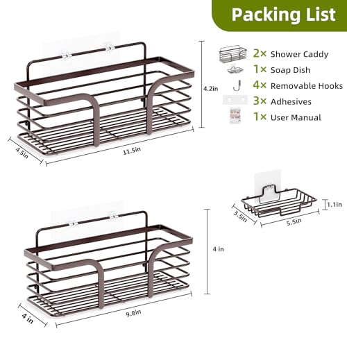 Yougai Shower Caddy, Shower Organizer with Soap Holder and Hooks, Rustproof Shower Shelves, No Drilling Bathroom Organizers and Storage, Wall-Mounted Kitchen & Home Decor (Brown) - color: Brown