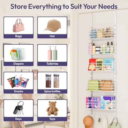 SWTYMIKI Over The Door Organizer - Door Organizer Hanging with 5 Adjustable Metal Large Capacity Basket and 6 Coat Hook, Wall Mounted Shelf for Bedroom Closet Bathroom Laundry Pantry Cabinet Kitchen - color: White
