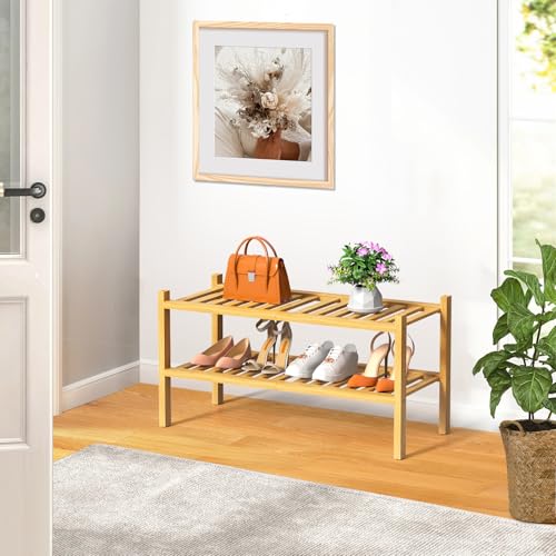 RONGJlA 2 Tier Bamboo Shoe Rack for Closet Free Standing Wood Shoe Shelf Storage Organizer for Entryway Small Space Stackable, Natural - color: Natural, size: 2-Tier-Heavy Duty