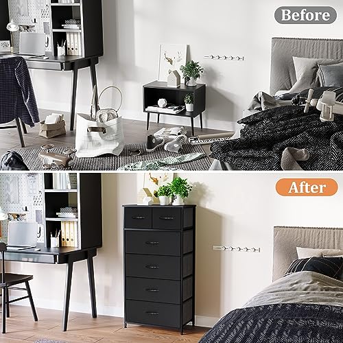 Fabric Dresser for Bedroom, Tall Skinny Dresser with 6 Drawers, Storage Organizer Tower, Steel Frame Wooden Top for Closet, Living Room, Hallway, Nursery(Black) - color: Black