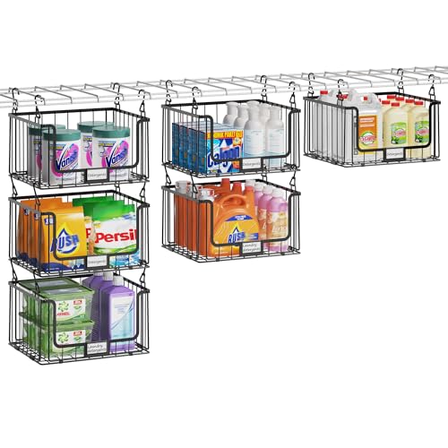 3-Pack Hanging Laundry Organizer, Stackable Wire Shelf Storage with Label Cards, Foldable Metal Baskets with 360 Rotating Hooks, Space-Saving for Laundry Room, Closet & Pantry, 11"15" Large, Black - color: Black, size: 3Tier-15"D x 11"W