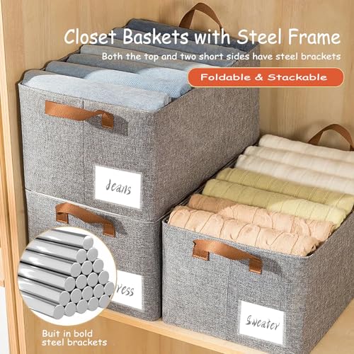 AARAINBOW Linen Closet Organizer Storage Bin with Steel Frame, Stackable Fabric Jeans Baskets for Shelves, 4 Packs Foldable Wardrobe Clothes Box for Sweater Pants Towel Shirt Storage, 23L Gray - color: 4 Gray