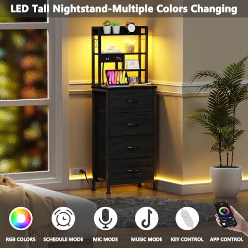 Furnulem Tall Nightstand, LED Night Stand with Charging Station and USB Ports, 4 Fabric Drawers and 4 Tier Storage Shelf, Nightstands Bedside Tables for Bedroom, Dorm, Office (Black Oak) - color: Black Oak, size: 4 Drawer