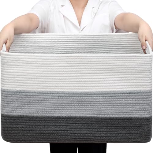 Optish 95L Large Blanket Basket, Woven Storage Baskets with Reinforced Handles, Rope Laundry Basket for Living Room, Bedroom, Nursery, Toys, Clothes, Pillows, 24” x 17” x 13.5”, White & Grey - color: White & Grey, size: 24" x 17" x 13.5"(95L)