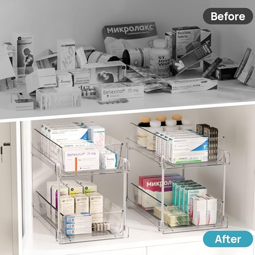 Vtopmart 8 Pack Bathroom Organizer, 2 Tier Clear Under Sink Organizers Vanity Countertop Storage Container,Cabinet Drawers Bins, Pull-Out Organization with Track for Pantry, Kitchen - color: Transparent, size: S-Standard (8 Pack)