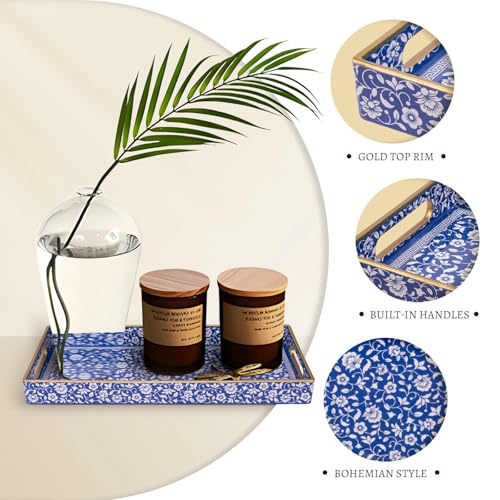 MAONAME Blue Vanity Tray, Bathroom Counter Tray, Plastic Decorative Trays with Handles, Storage Dresser Trays Organizer for Toilet Tank, Jewelry, Makeup, 13.8" x 6" x 1.57" - color: Bohemian-8