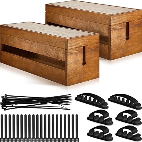 Hoteam 48 Pcs Wooden Cable Management Box Cable Organizer Box Set Power Strip Holder Cord Hider Clip Adhesive Management Ties Cord Sleeves for Desktop Home Office(Brown,Large)