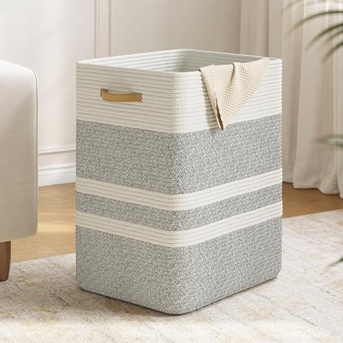Nunsino 87L Laundry Hamper,Laundry Basket with Leather Handles,Woven Storage Basket for Toys,Pillows,Blankets,Clothes,Grey White - color: Grey&White, size: 87 L