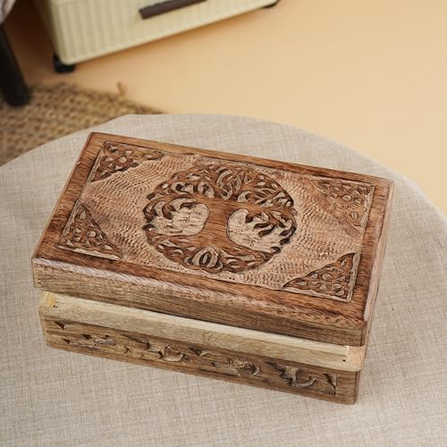 Ajuny Wooden Jewelry Box - Hand Carved Mango Wood Tree of Life Celtic Carving Decorative Multipurpose Keepsake Box, Treasure Chest Memory Box Organizer Travel Trinket Holder Case Gifts - 8x5 Inch - style: Celtic Tree