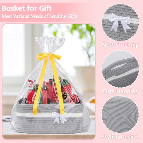 OIAHOMY Large Woven Storage Basket with Handles for Nursery Living Room Shelves, Bow Basket for Gifts Empty with Gift Bags and Ribbons for Baby Showers Pet Toy Bin - Grey - color: Grey