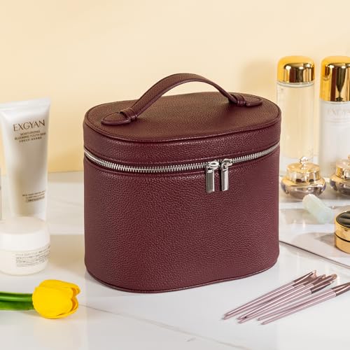 Makeup Bag Vanity Case Cosmetic Bag with Removable Divider Travel Toiletry Bag for Women Portable Make up Box Organizer, Burgundy - color: Wine