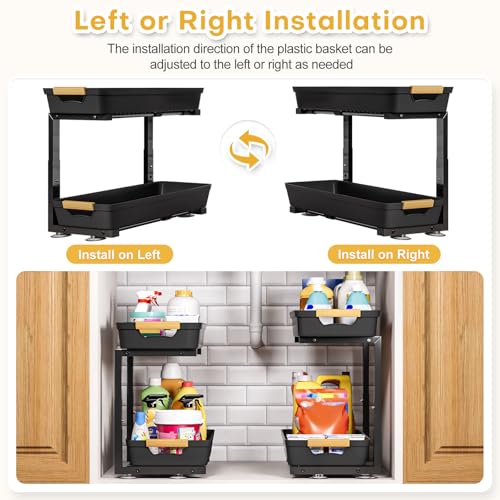 Homde 2-Tier Under Sink Organizer: 2pcs Set Adjustable Pull Out Drawer Undersink Cabinet Storage Rack for Home Kitchen Bathroom