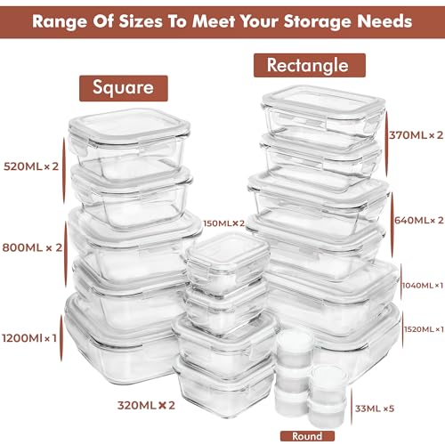 Razab 35 Pc Set Glass Food Storage Containers with Lids - Meal Prep Airtight Bento Boxes BPA-Free 100% Leak Proof (15 lids,15 glass & 5 Plastic Sauce/Dip Containers) - color: White