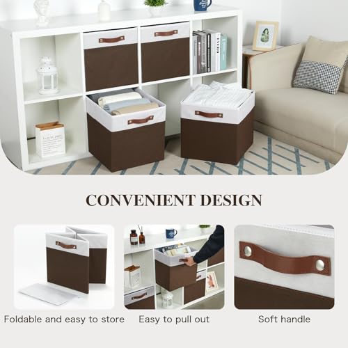 Temary Foldable Cube Baskets 4Pack - Shelf Storage Bins with Handles, Fabric Storage Organizer for Clothes, Home (White&Brown, 13x15x13 Inch) - color: White&Brown, size: 13x15x13