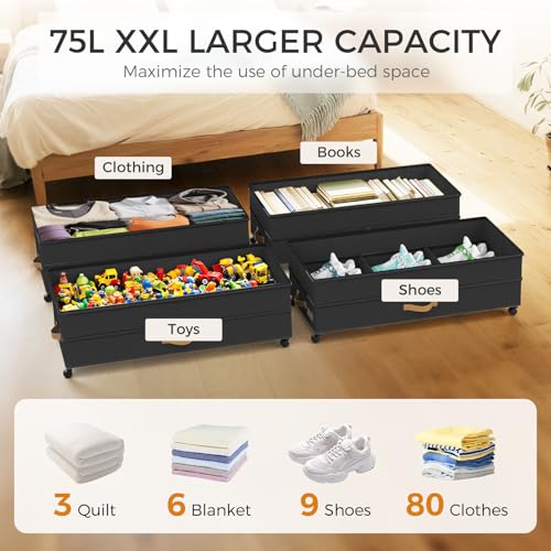 Under Bed Storage with Wheels 4-Pack, 75L XXL Under the Bed Storage Containers Large, 12" Tall Adjustable Storage for Underbed with Lids, Rolling for Shoes, Clothes, Blankets (4PCS-Black) - color: 4PCS-Black