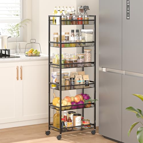 6 Tier Slim Rolling Storage Cart, Narrow Mobile Shelving Unit Organizer Utility Cart with Wheels, Metal Wire Storage Rack with Baskets for Kitchen, Bathroom, Laundry & Living Room, 10in(W) Black - color: Black, size: 6 Tier(10 inches)