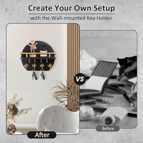 Nekon Key Holder for Wall - 9.8 Inch Apartment Wall Decor with Shelf and 8 Key Hooks, Circular Wood Key Hanger for Home Decor (Black with Golden Hooks) - color: Black&Gold