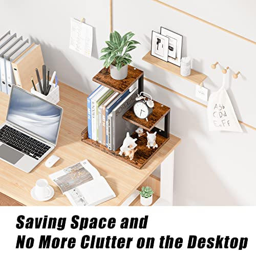 Gannyfer Office Decor Desk Shelf Organizer - Wood Desktop Shelf, Freestanding Desk Hutch, 3 Tier Storage Display Rack, Small Bookshelf with Metal Frame for Books/Plants/Toys (Rustic Brown Black) - color: Brown