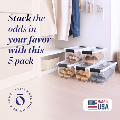 HOMZ 5-Pack Latching Lid, Clear Plastic Storage Organizer Bins, 7.5 Quart, Gray Latch - Stackable Organizing Containers for Home, Garage, and Office - color: Gray, size: 7.5 QT (5 Pack)