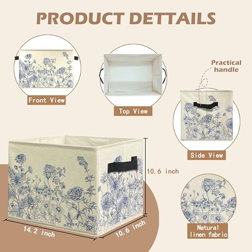 Blue and White Floral Storage Bin Box with Handles, Vintage French Country Toile Flower Foldable Linen Fabric Laundry Basket for Home Bedroom Bathroom Clothes Toys Books - color: Floral-H