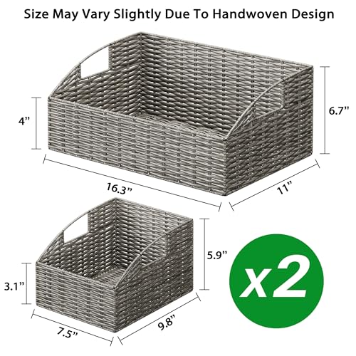 Ollieroo Rattan Storage Baskets, Handwoven Wicker Storage Bins with Built-in Handles, Storage Container Baskets for Shelves, Bedroom, Bathroom, Laundry Room or Kitchen(Grey) - color: Grey