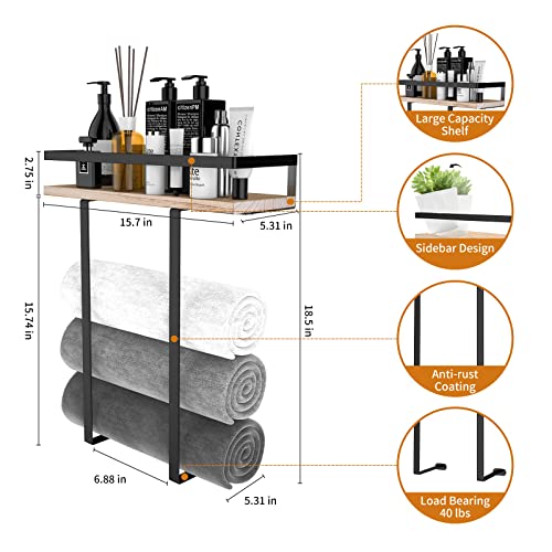 Xstydes Towel Racks for Bathroom Wall Mounted, Metal Towel Holder with Wooden Shelf for Folding Large Towels, Towel Storage for Small Bathroom Organizer Decor or RV Camping - color: Wood, size: Small