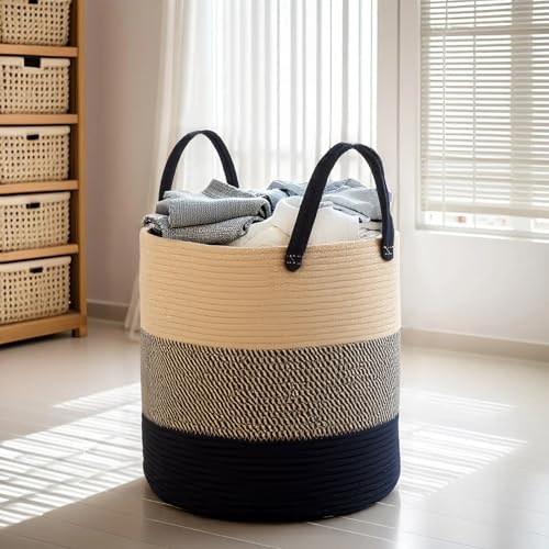 ShellKingdom Laundry Basket, Natural Rope Woven Storage Basket with Handles for Home, Living Room, Laundry, Storage Organizer for Blankets, Clothes, Plant, Toys, 15.7 x 13.8 INCH (3-Toned Khaki Black) - color: 3-Toned Khaki Black, size: 38L