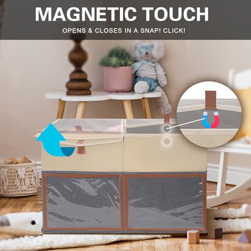 2 Pack Large Toy Storage Box with Clear Lids Collapsible Toys Chest Organizer Bin Basket with Adjustable Dividers for Kids Boys Girls Living Room Nursery Playroom Closet Beige and Grey - color: Beige and Grey, size: 2 Pack