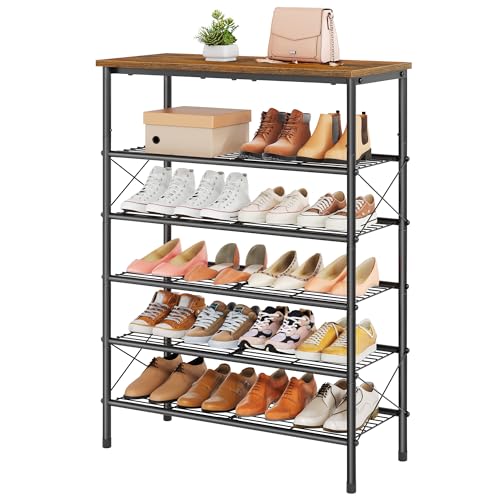 Tajsoon 6 Tier Free Standing Shoe Rack for 20-24 Pairs, X Shape Fixed Frame Metal Mesh Shoe Rack for Closet, Rustic Brown & Black - color: Rustic Brown & Black, size: 6-Tier
