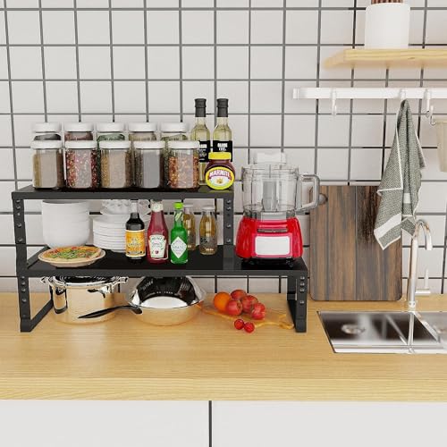 Jojocross Expandable Cabinet Shelf Organizer Storage Spice Rack Shelves for Kitchen Stackable Adjustable Pantry Cupboard Bathroom Countertop Desktop(2Packs/Black/Large) - color: 2 Packs/Black, size: LARGE:10.1"D x 16.6~26.5"W x 6.1"/7.5"H