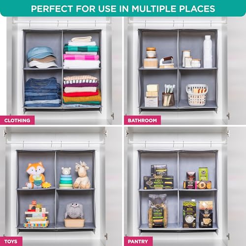 HOLDN’ STORAGE Hanging Closet Organizer with Garment Rod – Heavy Duty 4-Shelf Hanging Shelves for Clothes, Sweaters & Shoes, Reinforced 600D Fabric Storage Unit with Built-in Clothing Rod, Grey - size: 4 Shelves