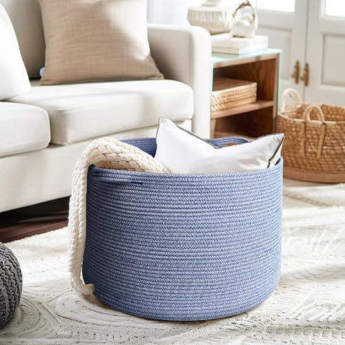 Extra Large Blue Baskets for Organizing, Blanket Storage for Living Room, Woven Laundry Storage Basket, Cotton Rope Bin for Toy, Cloth, Towel, Shoe, Pillow, Decorative Wicker Blue Room Decor - color: Blue