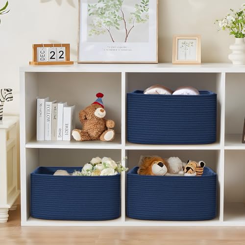 3 Pack Large Storage Basket for Organizing, 17.5"x13"x7" Woven Basket for Shelves, Closet Cube Storage Bins with Wrapped Handle, Cotton Rope Baskets for Kitchen, Clothes, Toys(Navy Blue) - color: Navy Blue, size: 3 Pack