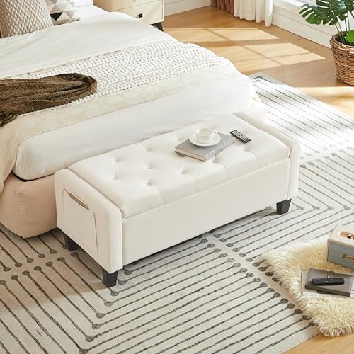 Virabit Velvet Storage Ottoman Bench, End of Bed Bench with Button, Two Side Storage Pockets, Organizer Storage Chest, Upholstered Foot Rest with Legs, Load up to 400 lb, Beige