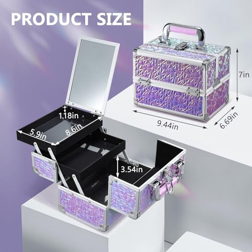 Joligrace Makeup Train Case Makeup Case Organizer Portable Cosmetic Box Storage with 2 Trays Mirror Locking with Keys Make Up Travel Case Nail Kits Traveling Makeup Box Shiny Purple - color: Shiny Purple