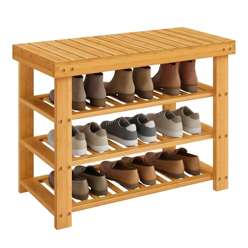 SONGMICS Shoe Rack Bench, 4 Tier Bamboo Shoe Storage Organizer, Entryway Bench, for Living Room, Bathroom, Bedroom, 11.3 x 27.6 x 20.5 Inches, Light Bamboo ULBS370YL01 - color: Light Bamboo, size: 11.3"D x 27.6"W x 20.5"H