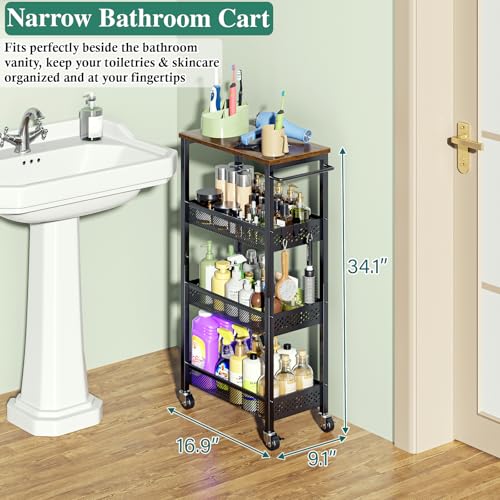 OKZEST Utility Slim Storage Cart, 4-Tier Narrow Bathroom Organizer and Storage Cart, Metal Narrow Kitchen Laundry Room Organization Rack with Wood Top, Slim Rolling Shelf with Wheels for Small Space - color: Black, size: 9.1 inch wide