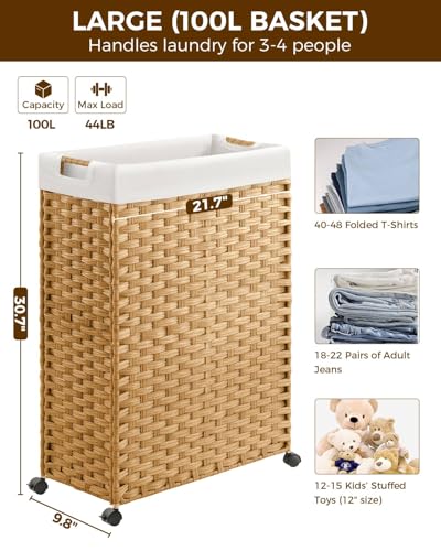 Greenstell Laundry Hamper with Wheels & Handles, 26.4 Gallon (100L) Slim Laundry Basket with 2 Removable Liner Bags & 2 Mesh Bags, Foldable Narrow Clothes Hamper for Bedroom, Bathroom, Closet, Natural - color: Natural, size: 100L (21.7 x 9.8 x 30.7 inches