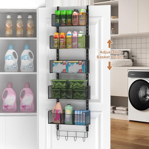 VyGrow Over The Door Organizer, Metal Door Organizer Hanging with 5 Adjustable Baskets and Coat Hook, Behind The Door Storage for Bedroom Closet Bathroom Pantry Cabinet Kitchen, Black - color: Black, size: 5-Tier