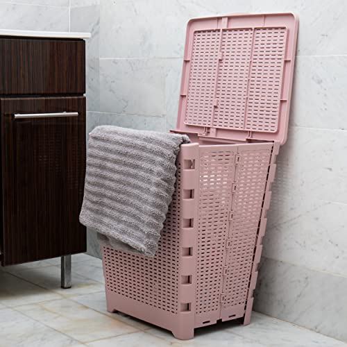 Mind Reader 61L Foldable Laundry Hamper, Clothes Basket, Lid, Wicker Design, Plastic, 18"L x 14.5"W x 21.25"H, Pink - color: Pink