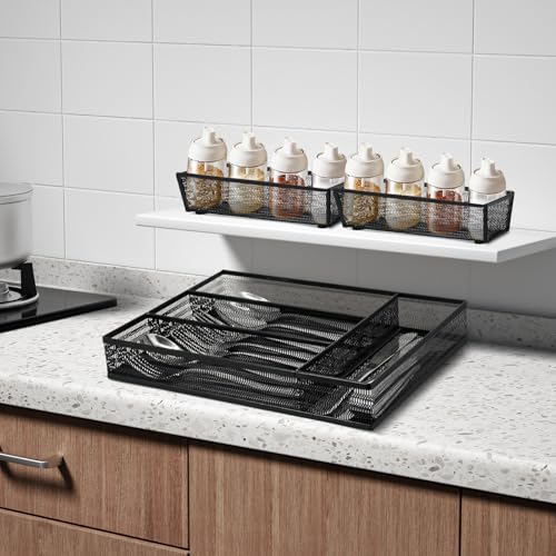 Neudeco Drawer Organizer Set 5 Pack - 4-Compartment Silverware Organizer Tray + 4 Utensil Trays, Kitchen Drawer Organizer for Flatware, Cutlery, Office Supplies, Black Mesh, Non-Slip. - color: Black-5 pack